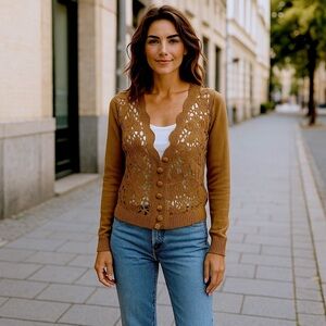 OBR Vintage Floral Cardigan Crochet Knit Sweater Soft Brown Tan Size Med